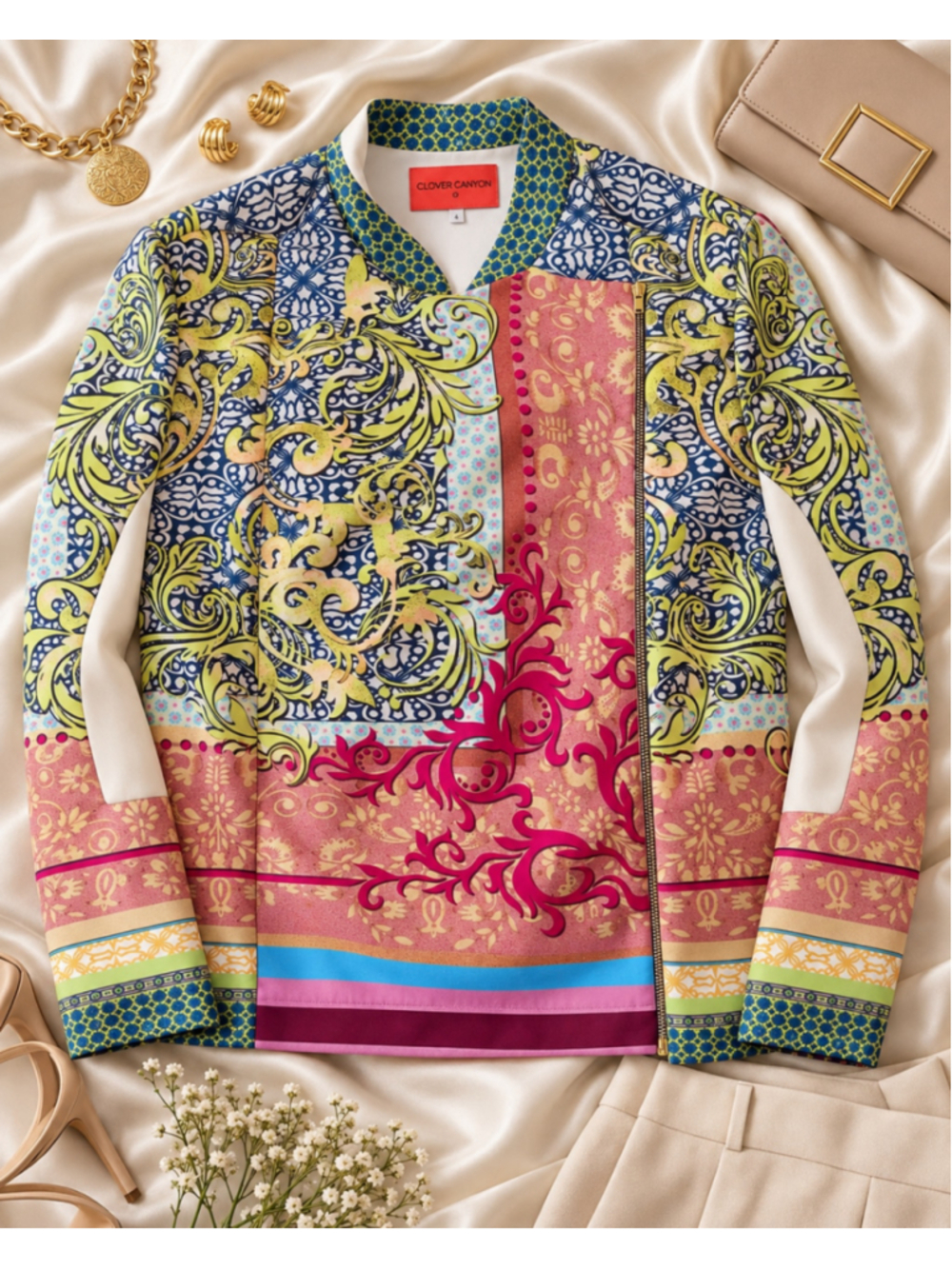 Clover Canyon Neoprene Moto Jacket Double Zip Baroque Print Women's L
